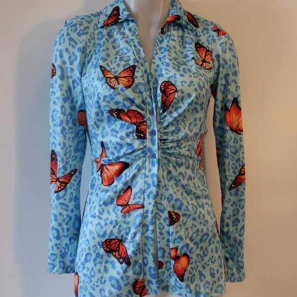 NWT Womens LACA USA Blue, Orange Butterfly Print Button Down Blouse L - Picture 2 of 5